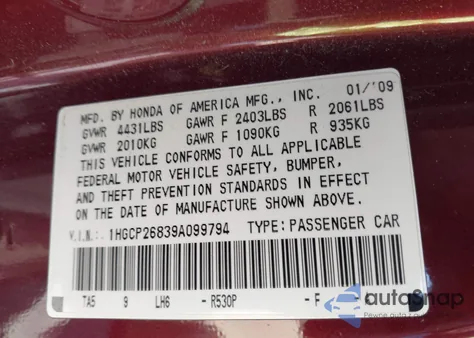 2009 Honda Accord 2.4 Ex-L from USA, damaged, VIN 1HGCP26839A099794